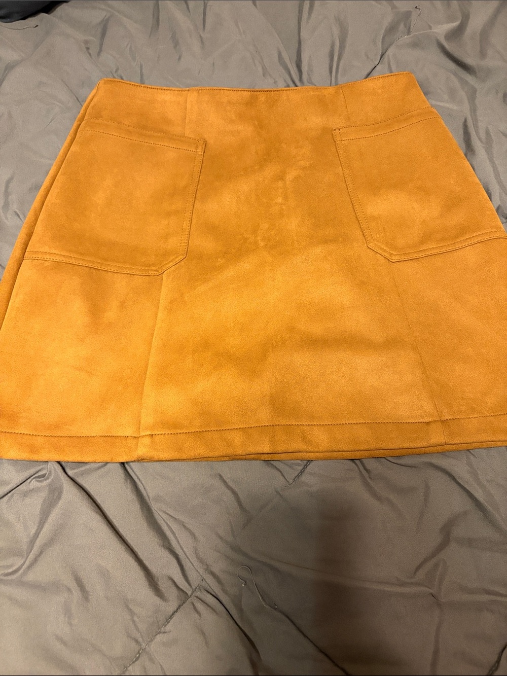Suede Mini Skirt with Patch Pockets - Mustard
